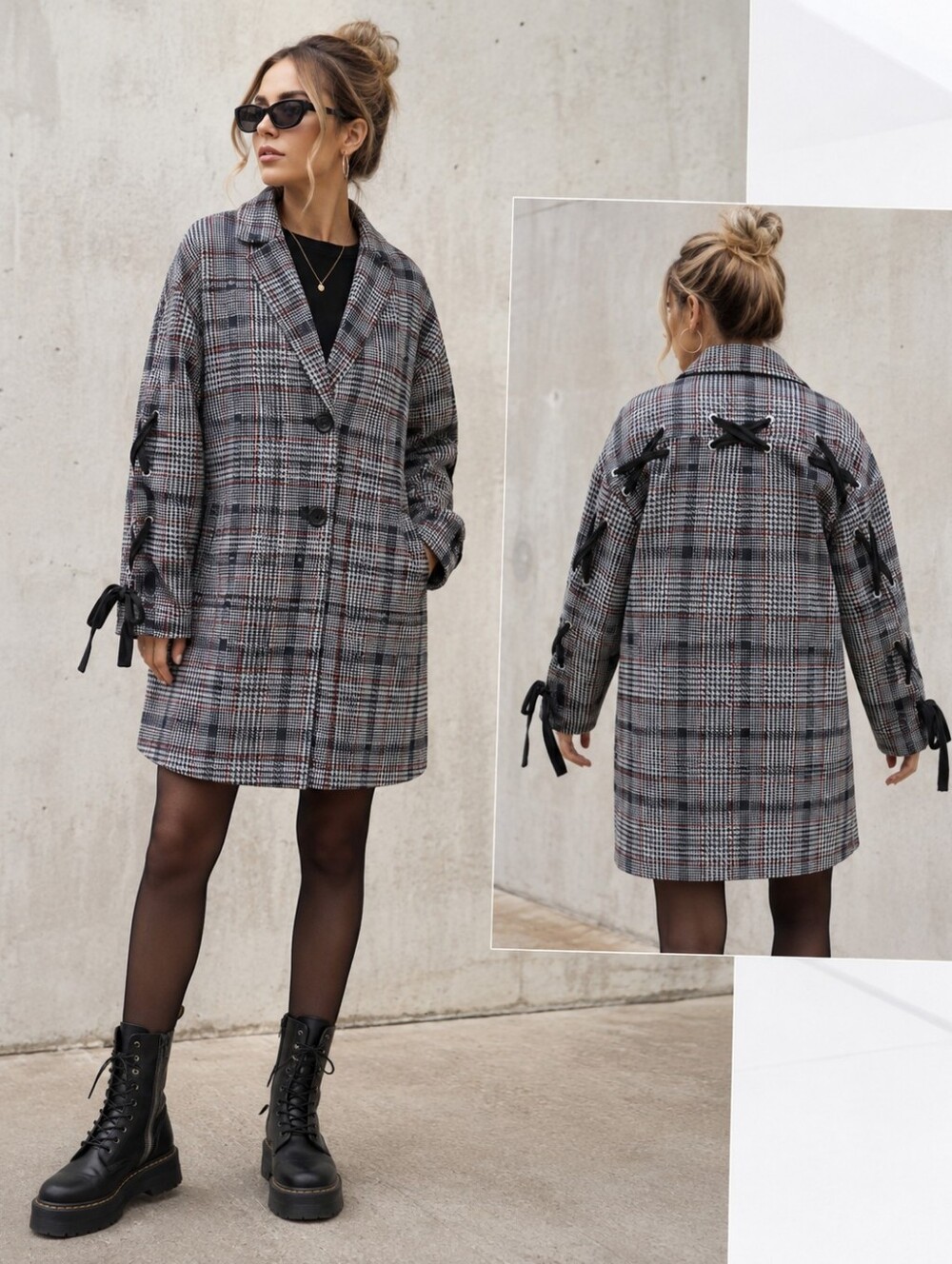 Topshop Plaid Lace-Up Detail Coat Women’s US 10 UK 14 Houndstooth Check